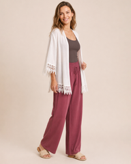 Delicate Detail Lace Trim Kimono in Ivory